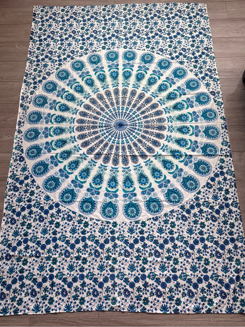 Beautiful blue teal white bohemian mandala cotton tapestry wall hanging dorm
